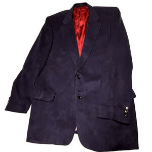 Vtg Harry Lebow Sport Coat Polyester Blazer Mens 46 Dark Blue Faux Suede Feel